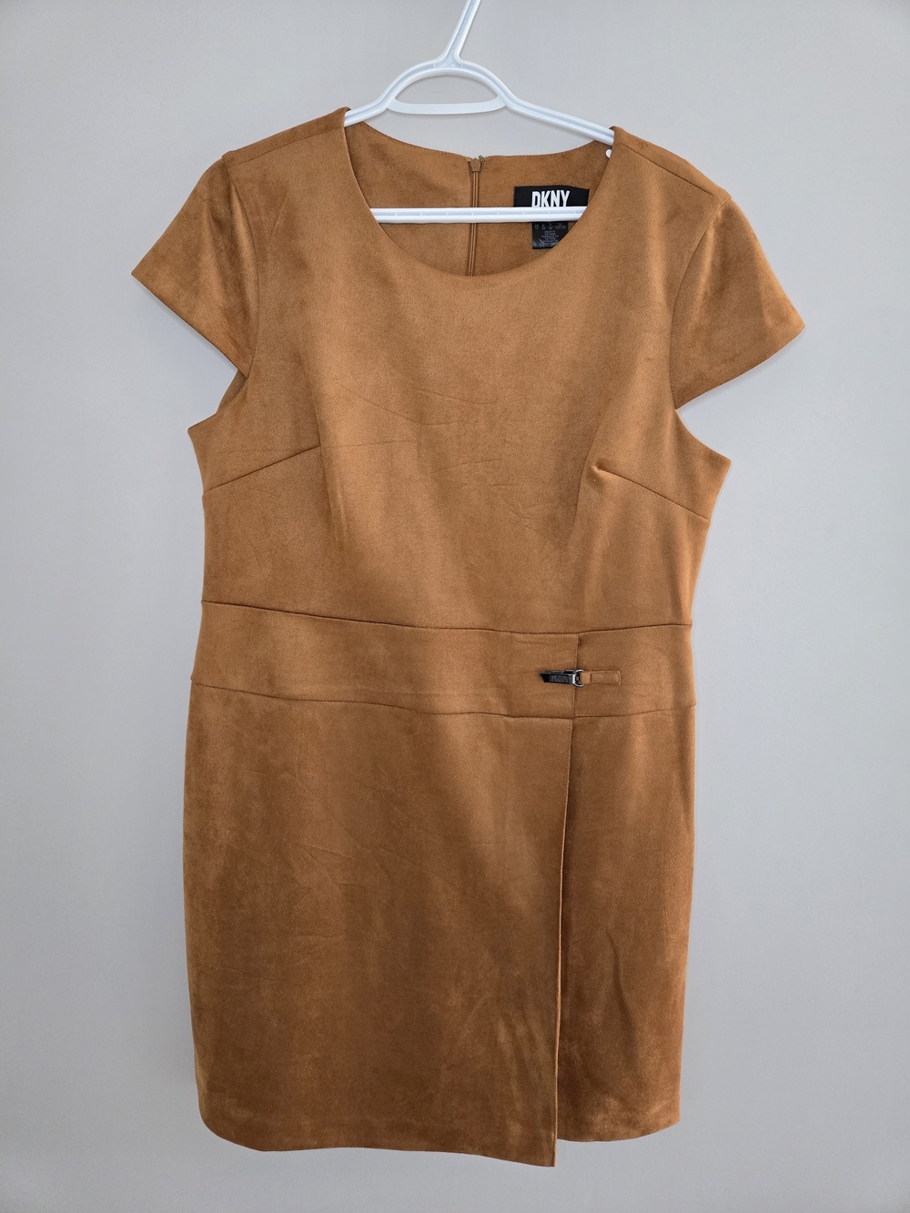 DKNY camel brown vegan suede capβsleeve tailored midi dress, size 14 + new